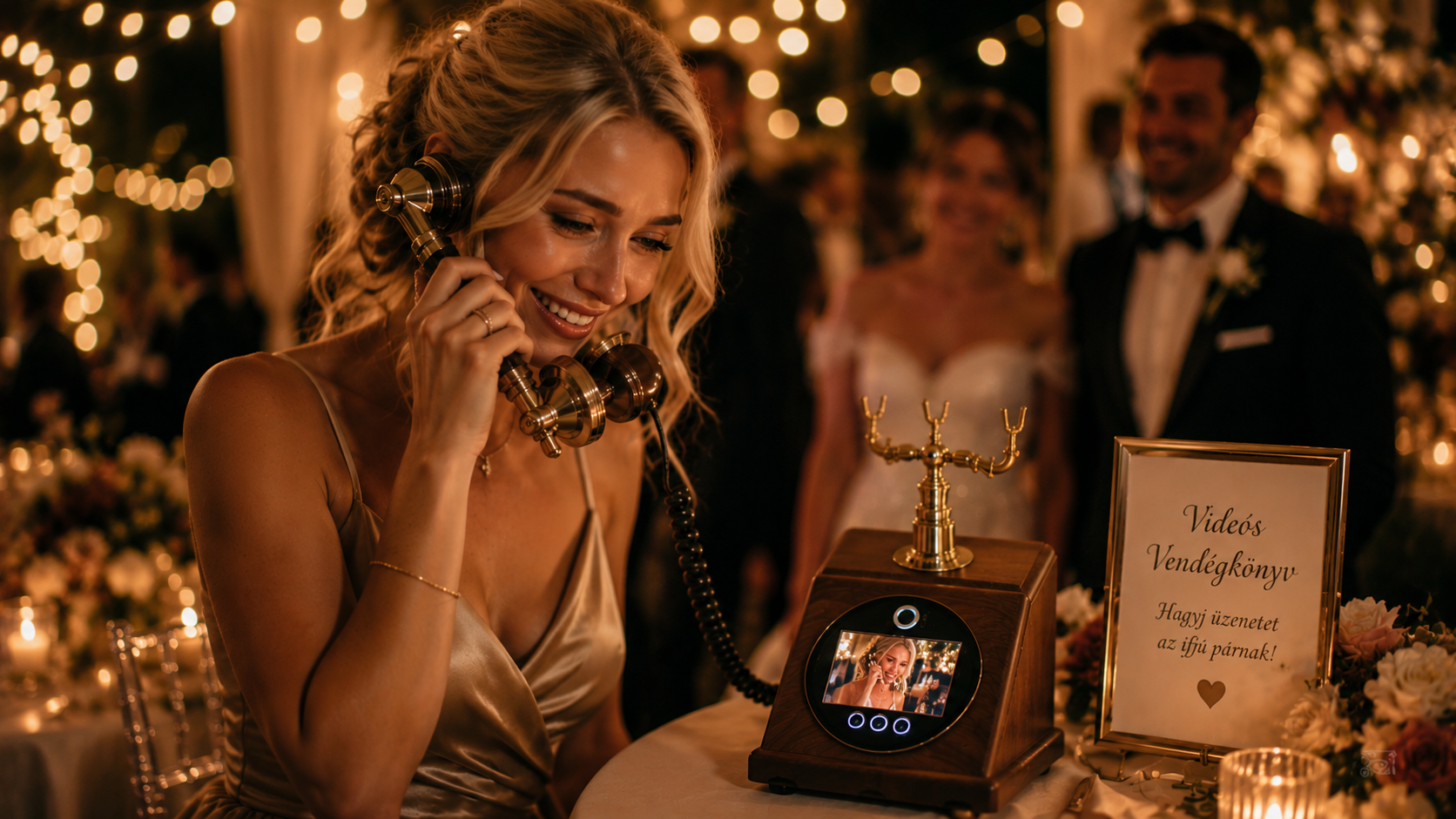 Videós vendégkönyv esküvőre vintage telefonnal